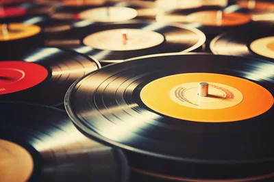 Collection Of Vintage Vinyl Records On Display