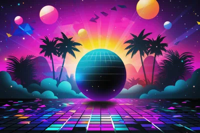 Retro Synthwave Landscape With Disco Ball And Palm Trees