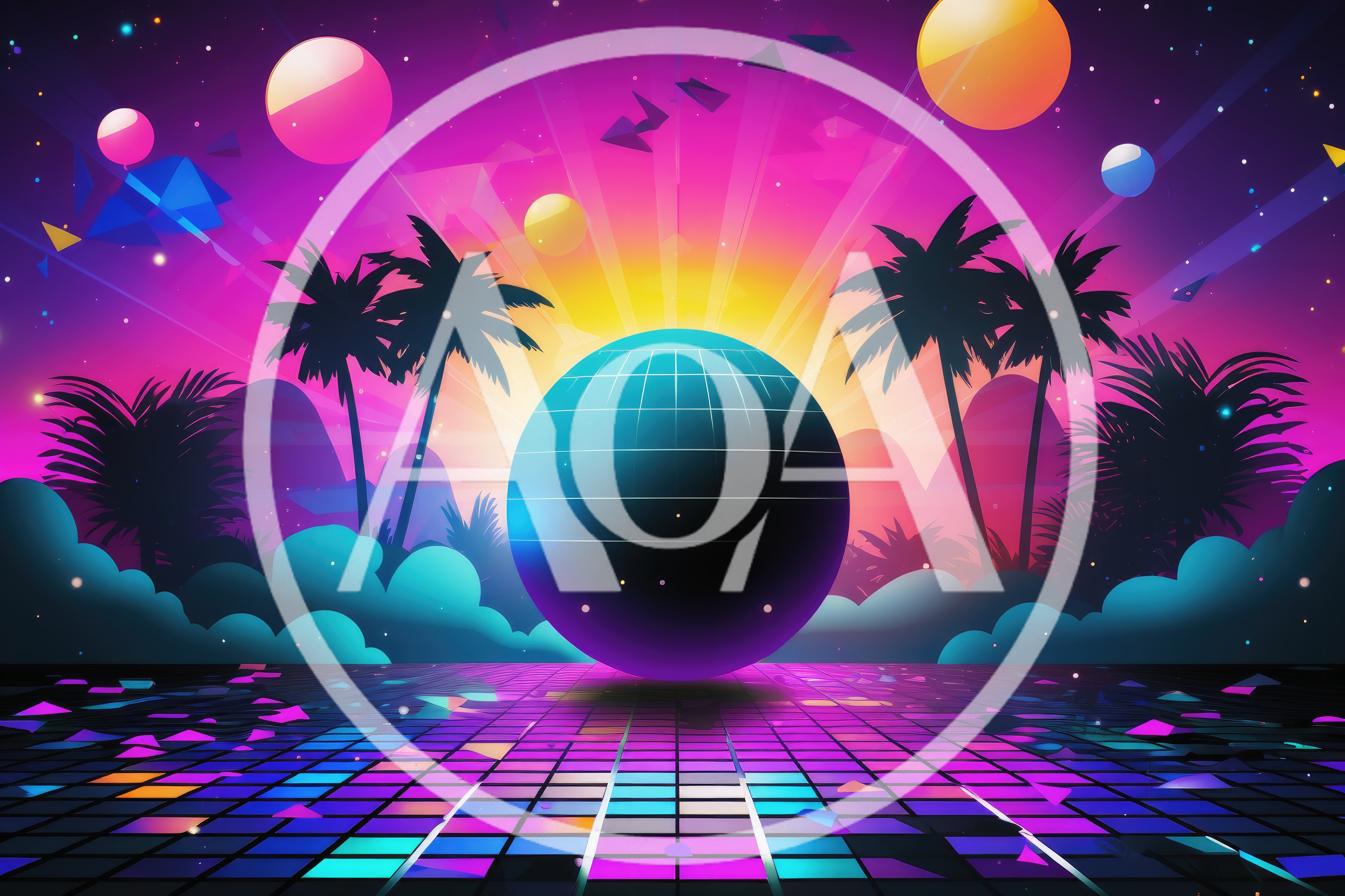 Retro Synthwave Landscape With Disco Ball And Palm Trees