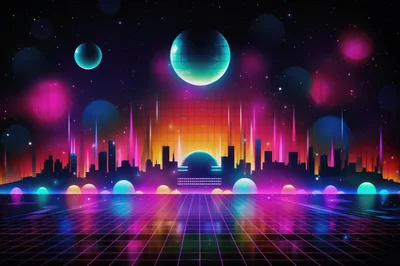 Retro Synthwave Cityscape With Glowing Neon Grid