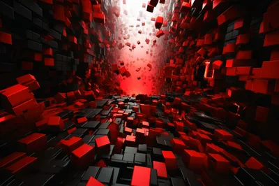 Abstract Digital Tunnel With Floating Red And Black Cubes