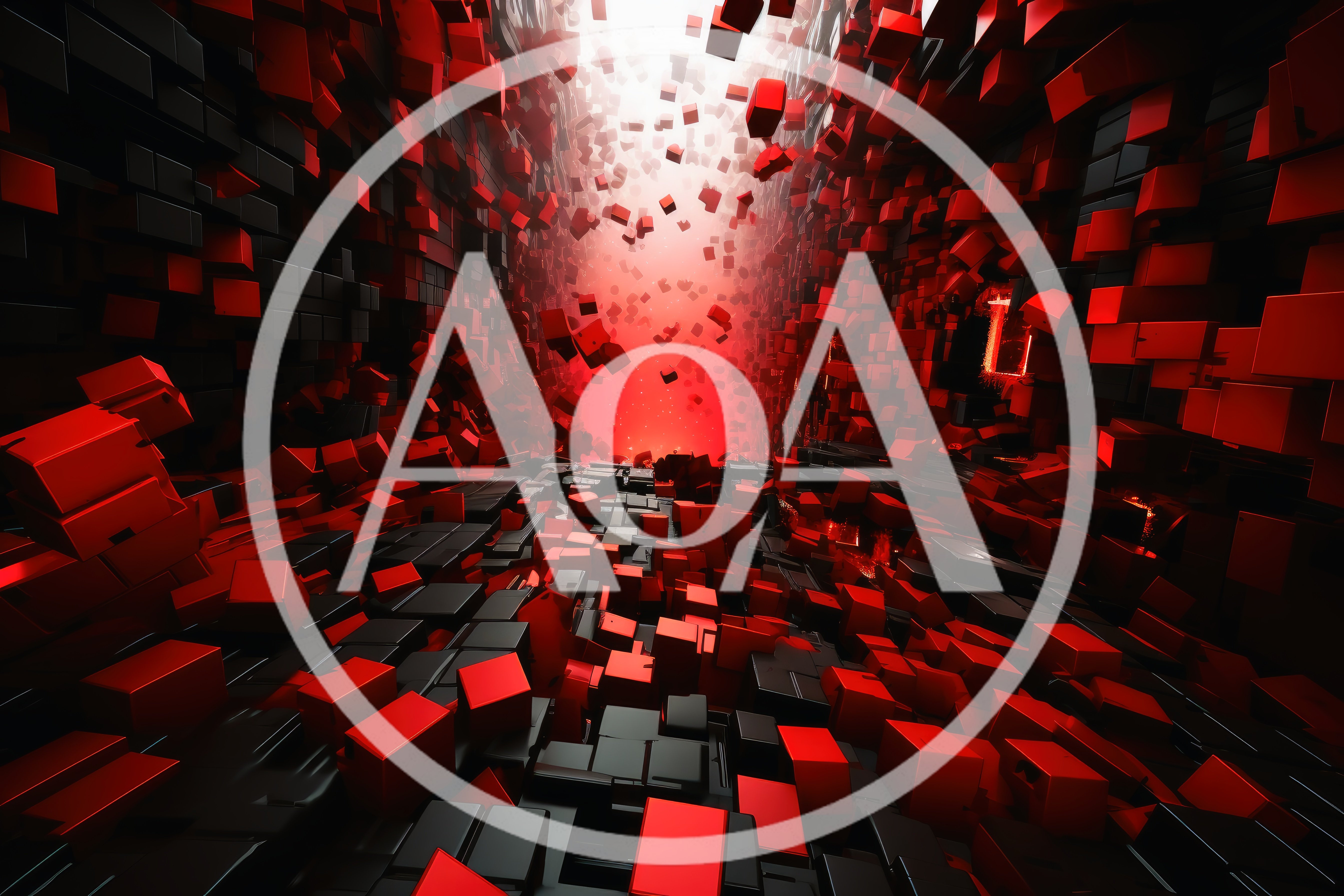Abstract Digital Tunnel With Floating Red And Black Cubes