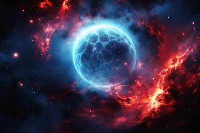 Glowing Blue Planet Surrounded By Red Cosmic Nebula