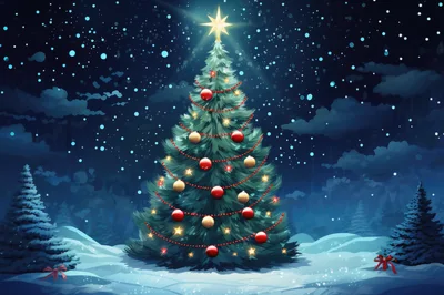 Decorated Christmas Tree In A Snowy Winter Forest