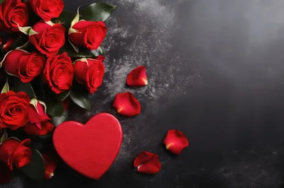 Red Roses And Heart Shaped Gift Box