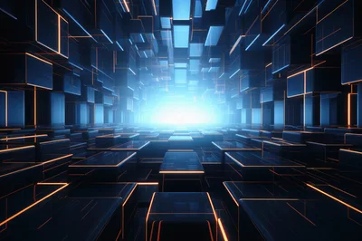 Futuristic Digital Corridor With Glowing Orange Neon Lines
