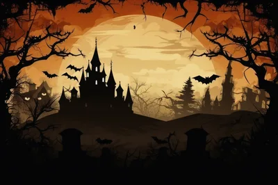 Spooky Halloween Castle Silhouette Under Full Moon