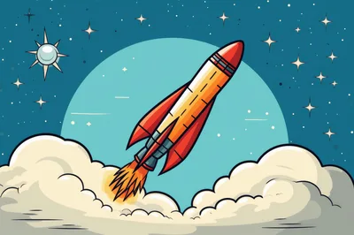 Cartoon Rocket Launching Into Space Through Clouds