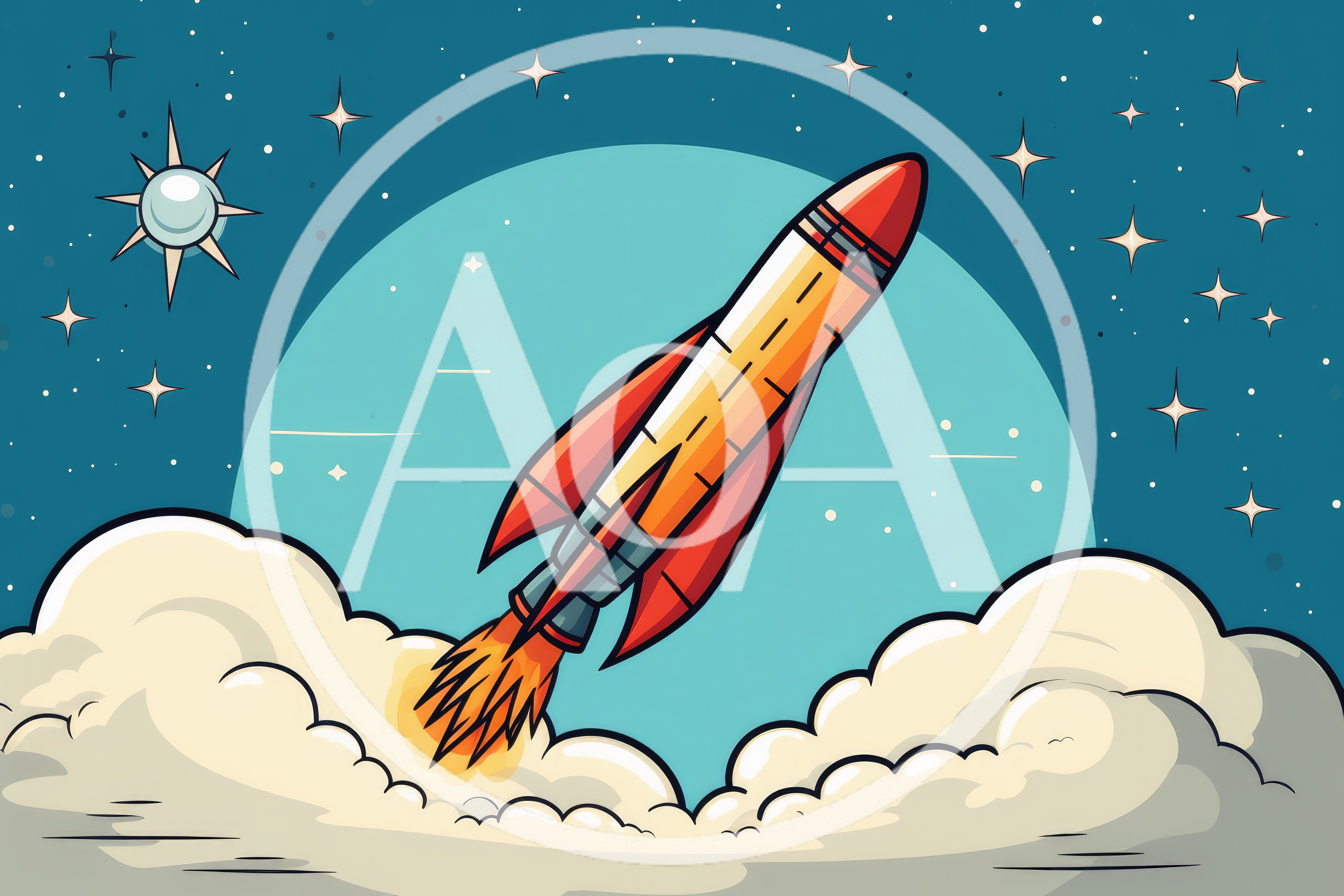 Cartoon Rocket Launching Into Space Through Clouds