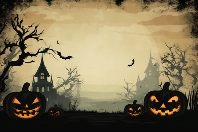 Spooky Halloween Background With Jack O Lanterns And Haunted Houses