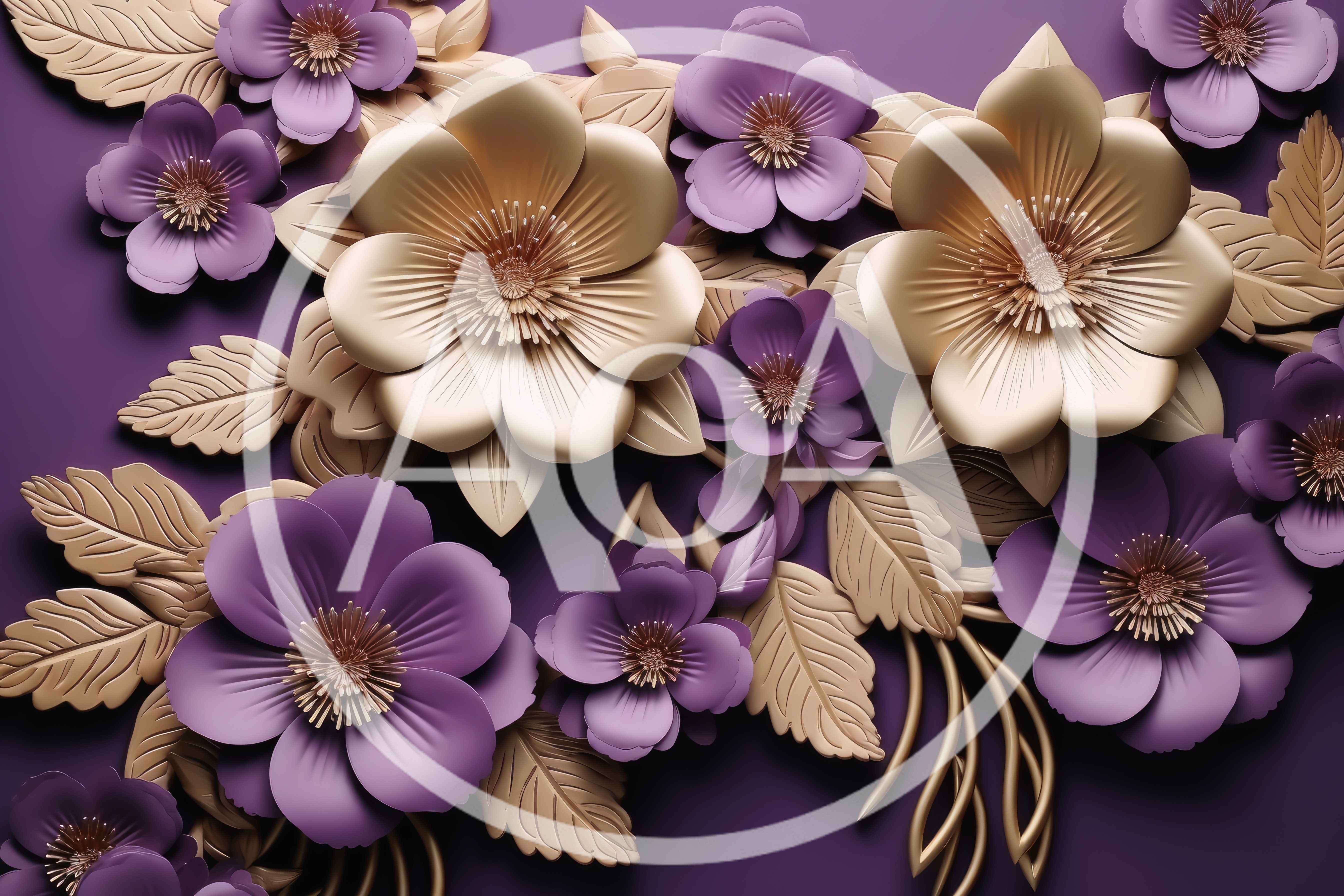 3D Rendered Gold and Purple Floral Background