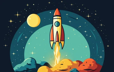 Cartoon Rocket Launching From A Colorful Alien Planet