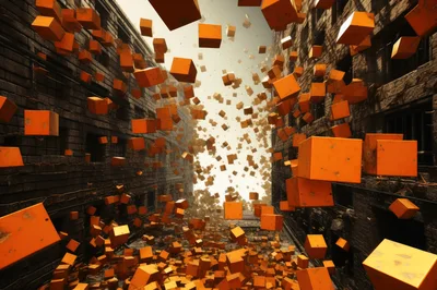 Surreal Urban Alleyway With Floating Orange Cubes