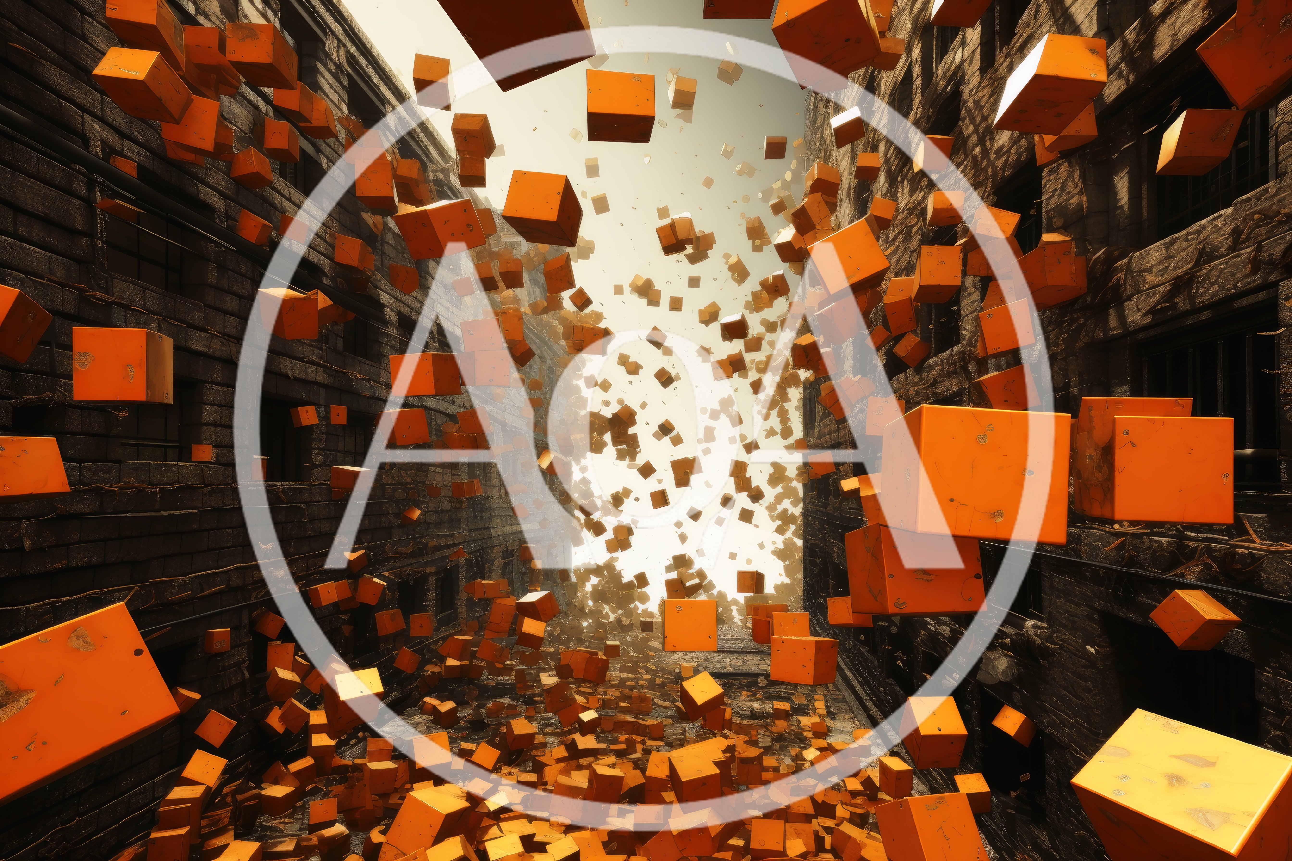 Surreal Urban Alleyway With Floating Orange Cubes