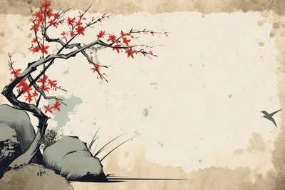 Japanese Ink Wash Painting With Red Maple Tree