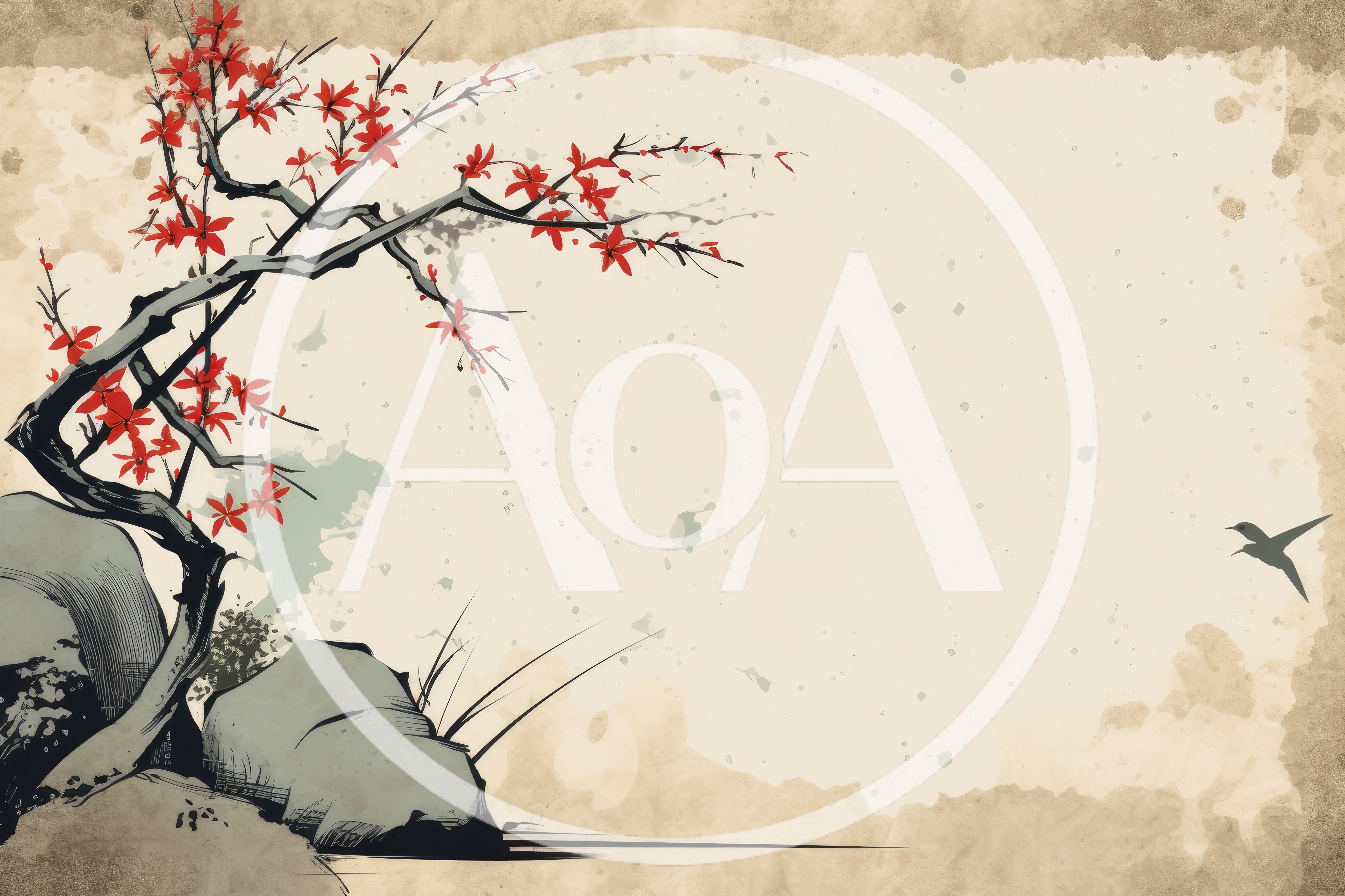 Japanese Ink Wash Painting With Red Maple Tree