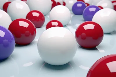 Abstract Composition of Glossy Red White and Purple Spheres