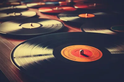 Collection Of Vintage Vinyl Records On A Table