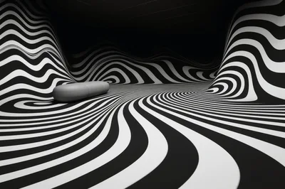 Abstract Surreal Room With Optical Illusion Striped Walls