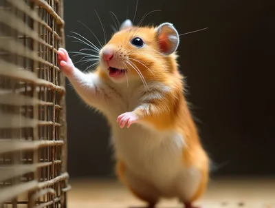 Cute Golden Hamster Standing Against A Wire Cage