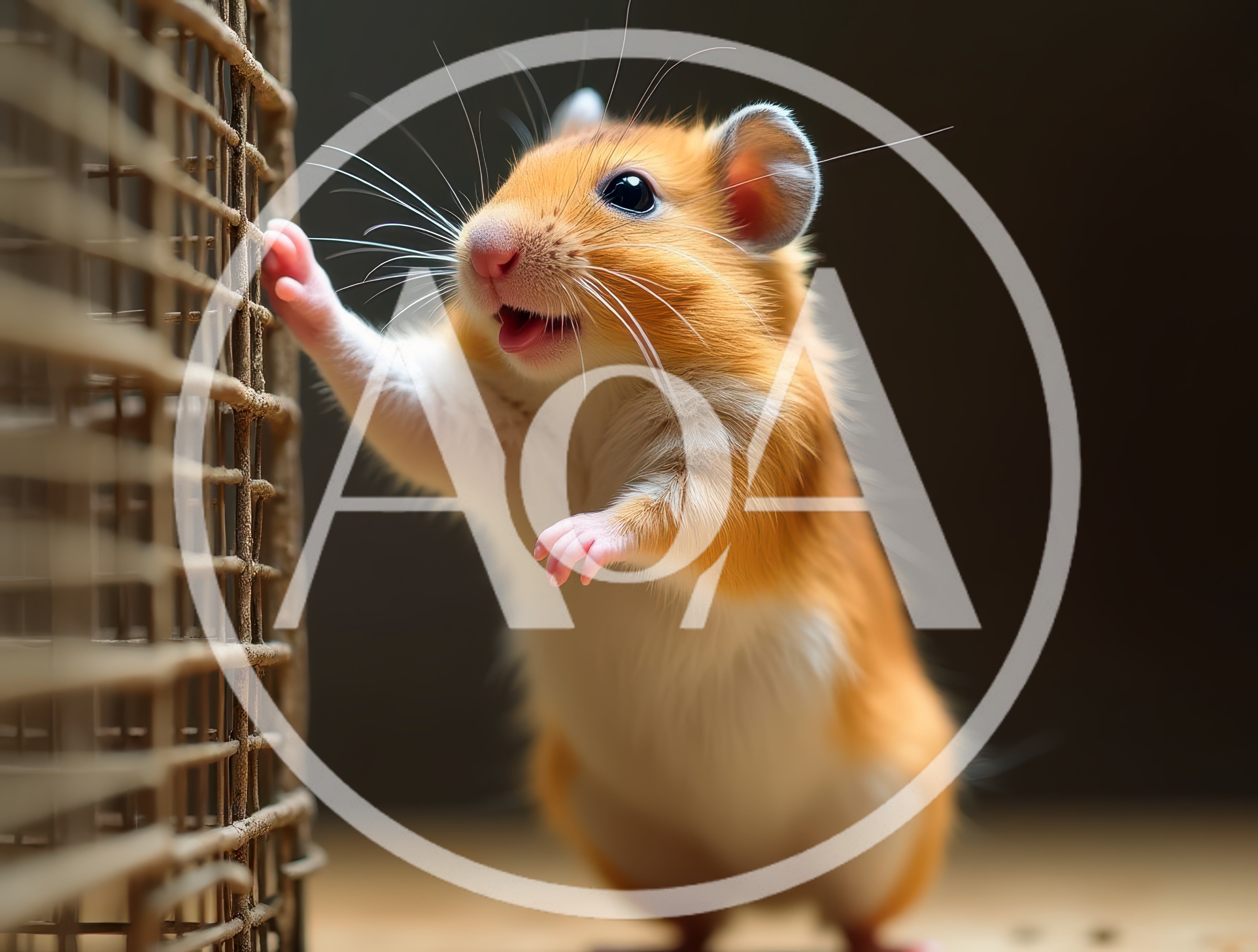 Cute Golden Hamster Standing Against A Wire Cage