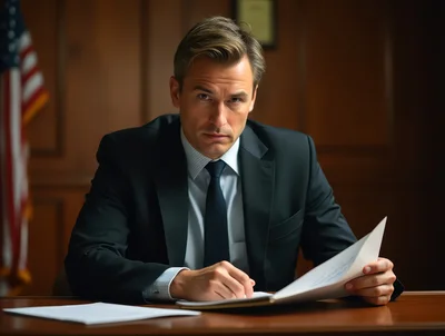 Professional Lawyer Reviewing Legal Documents In Courtroom
