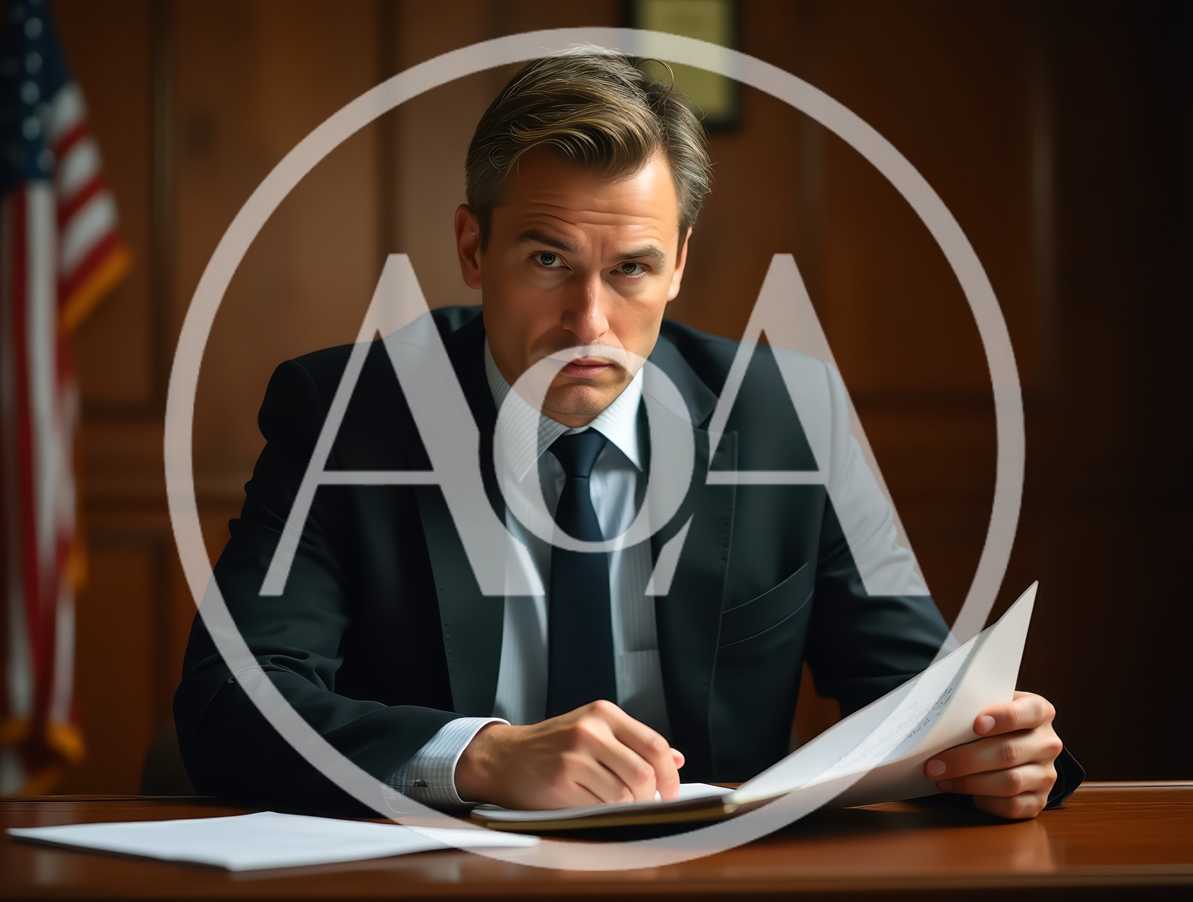 Professional Lawyer Reviewing Legal Documents In Courtroom