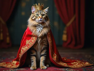 Majestic Maine Coon Cat Wearing A Royal Crown And Cape