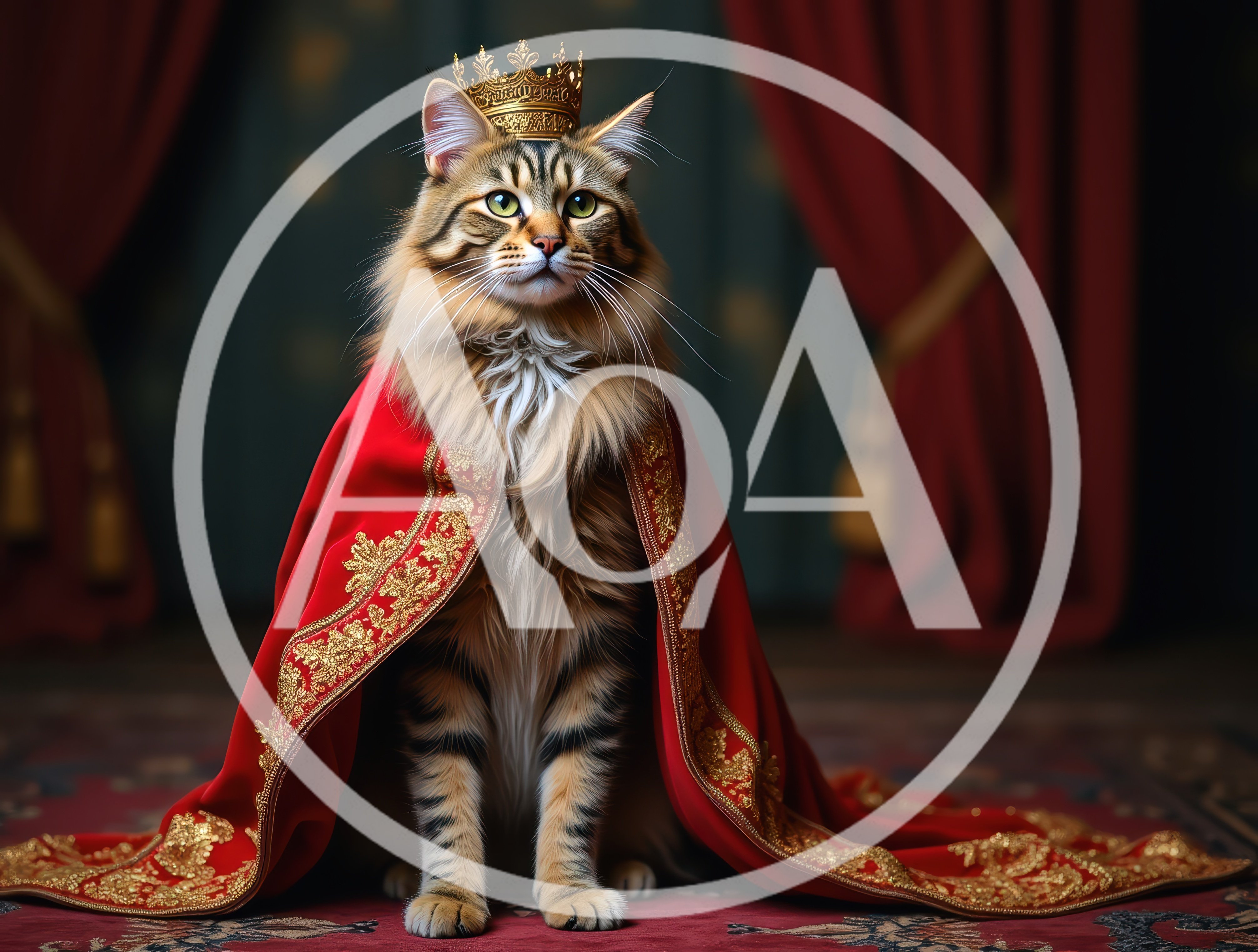 Majestic Maine Coon Cat Wearing A Royal Crown And Cape