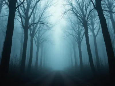 Eerie Foggy Forest Path With Bare Trees