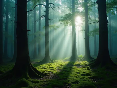 Sunlight Beams Through Misty Mossy Forest