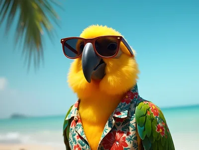 Anthropomorphic Yellow Parrot Wearing Sunglasses And Hawaiian Shirt