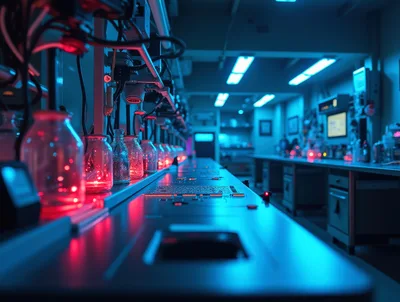 Futuristic Laboratory Workbench With Glowing Red Glass Vials