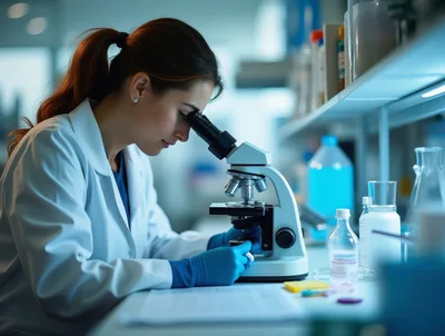 Female Scientist Examining Samples Under Laboratory Microscope