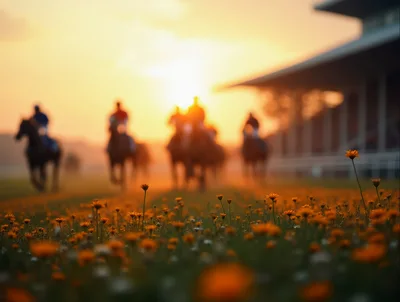Racehorses Galloping on Track at Sunset