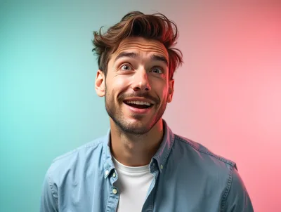 Surprised Young Man Looking Upwards With Excited Expression