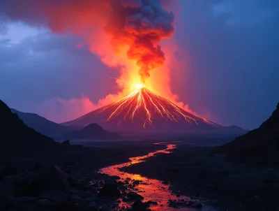 Volcanic Eruption With Glowing Lava Flow At Twilight