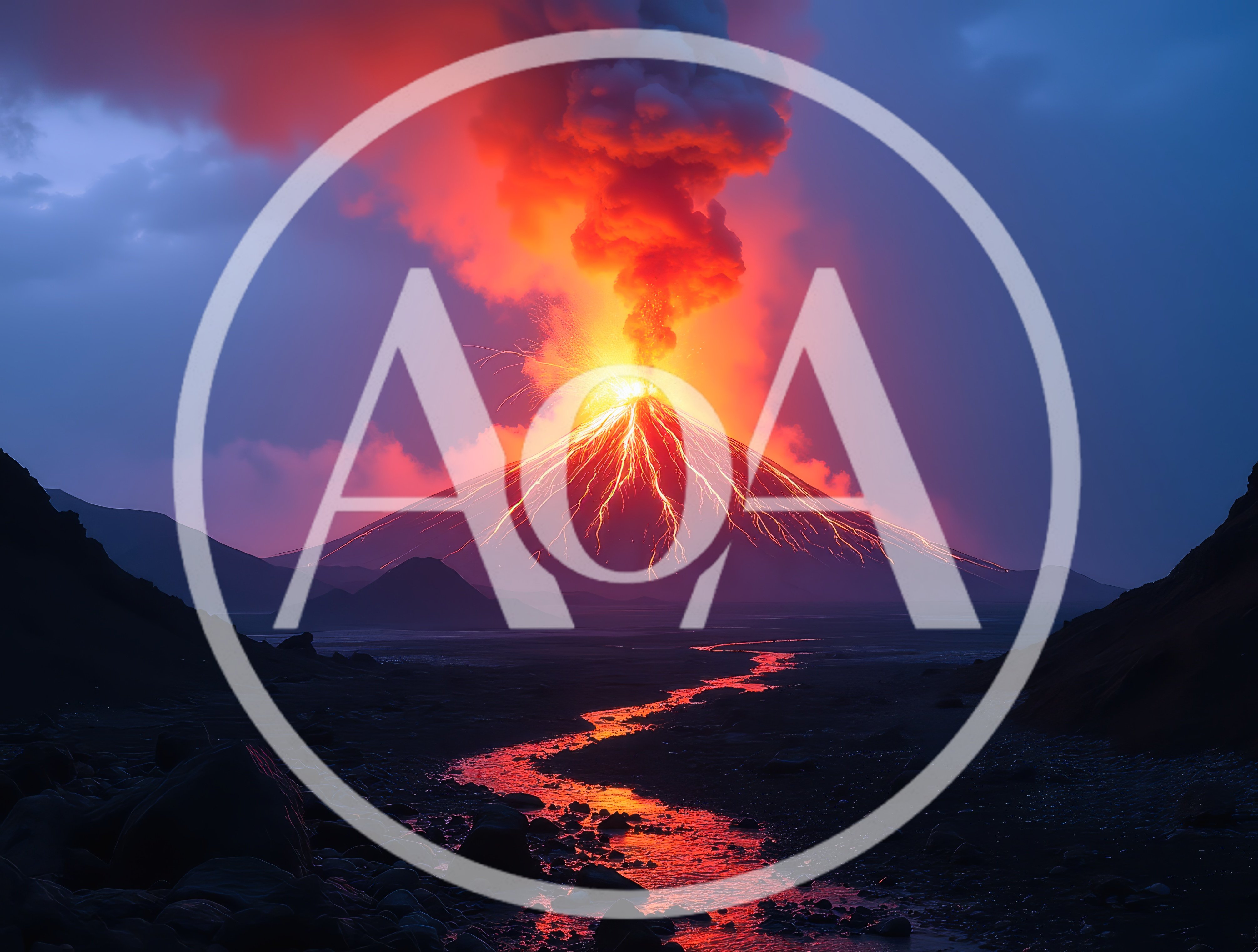 Volcanic Eruption With Glowing Lava Flow At Twilight