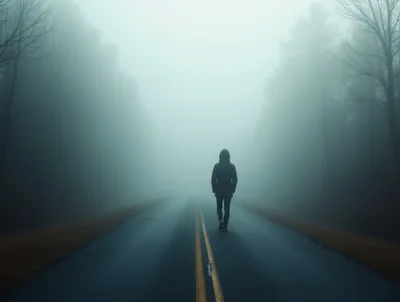 Person Walking Alone Down A Foggy Country Road