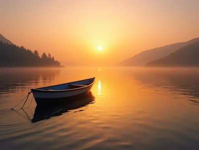 Small Rowboat Floating on Calm Lake at Sunrise