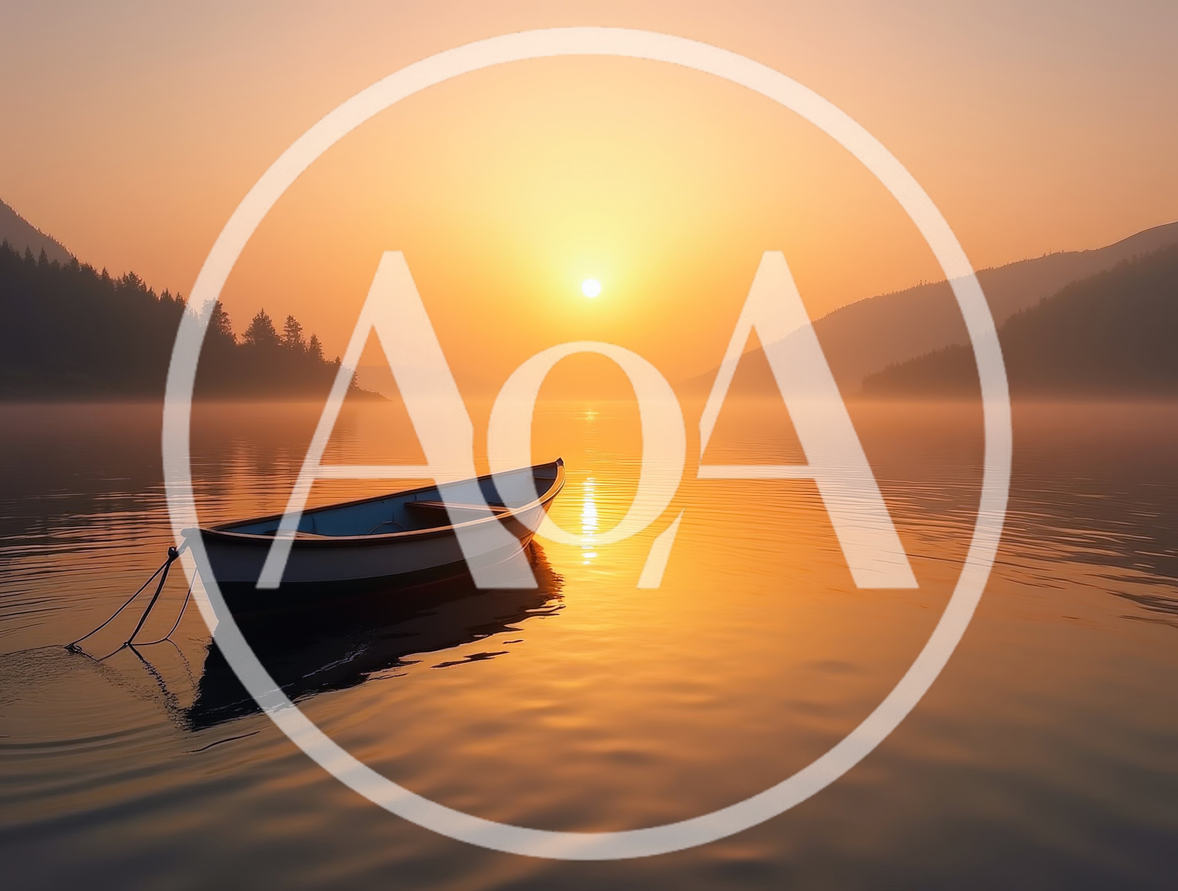 Small Rowboat Floating on Calm Lake at Sunrise