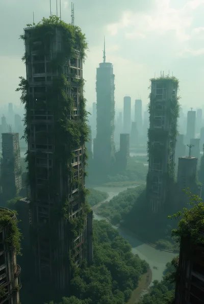 Post Apocalyptic Cityscape With Overgrown Skyscrapers And River
