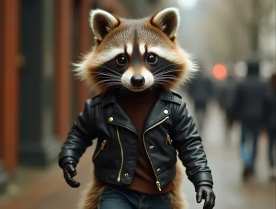 Anthropomorphic Raccoon Wearing A Leather Jacket Walking