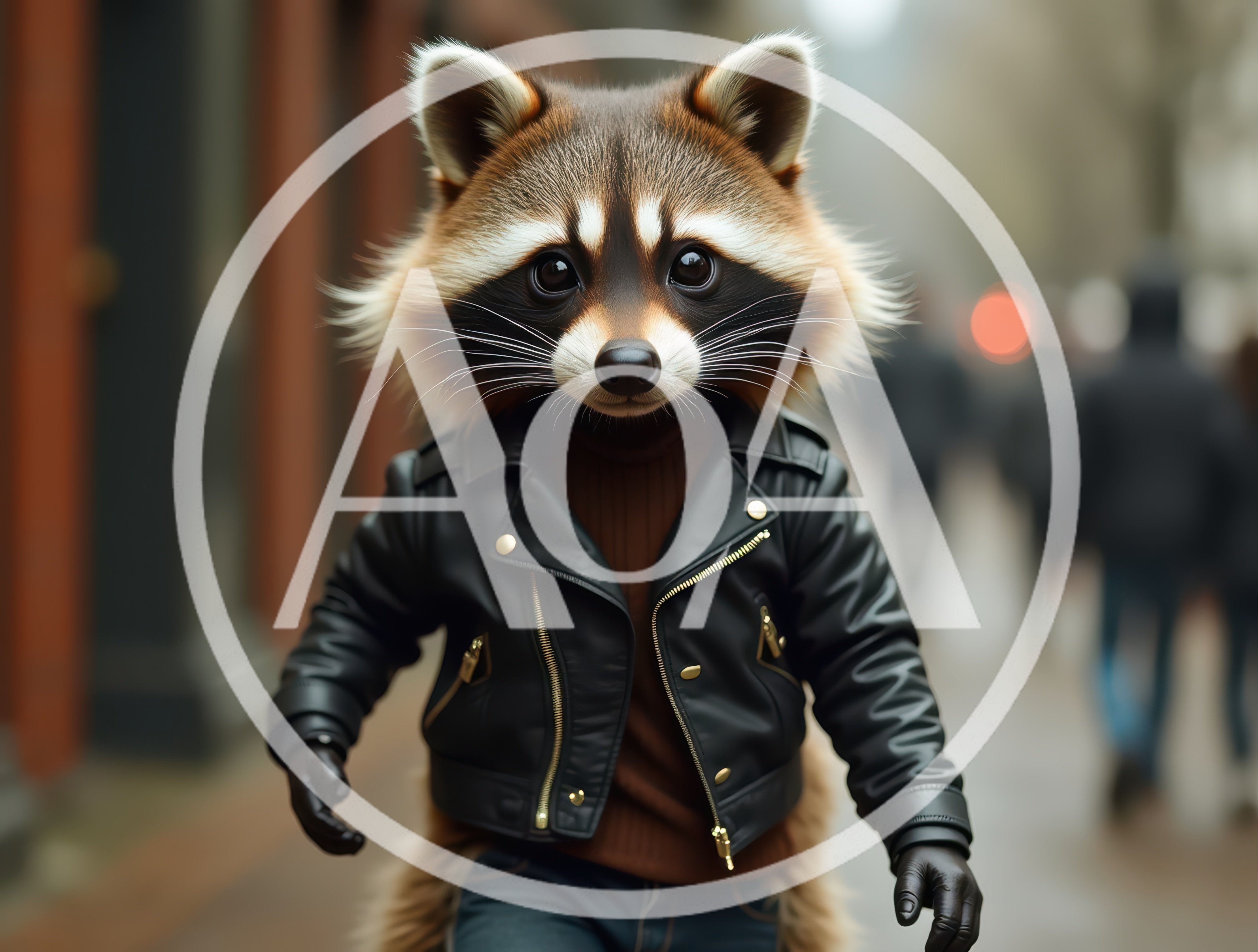 Anthropomorphic Raccoon Wearing A Leather Jacket Walking