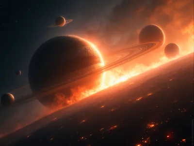 Cinematic Space Scene With Multiple Ringed Planets