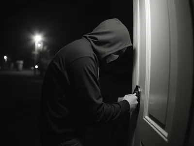 Burglar Attempting To Break Into A House At Night