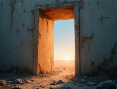 Ruined Wall With Open Doorway Overlooking Desert Sunset