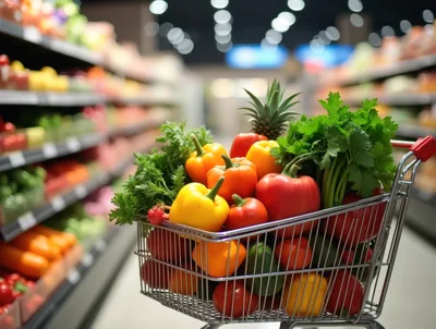 Shopping Cart Filled With Fresh Vegetables In Supermarket