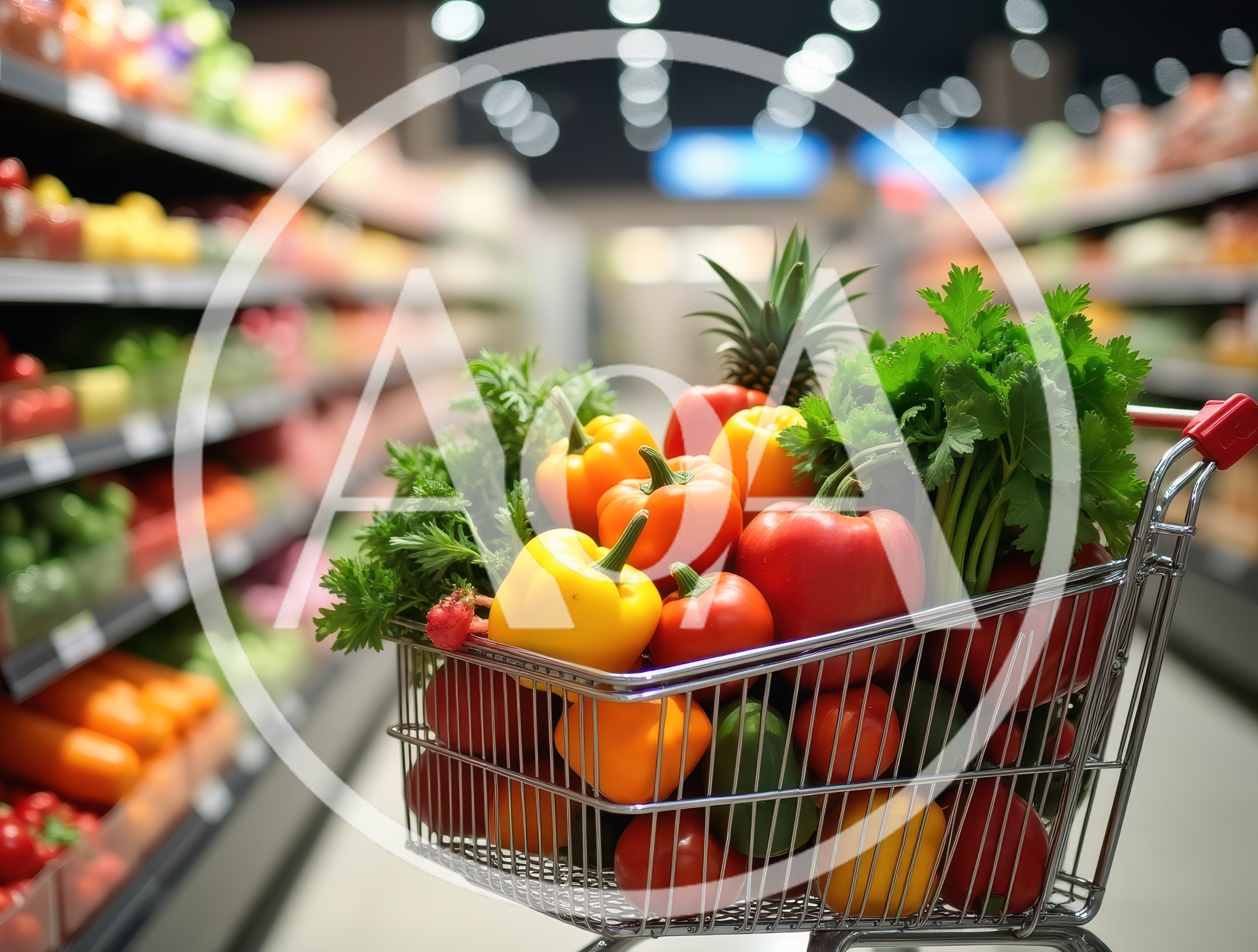 Shopping Cart Filled With Fresh Vegetables In Supermarket