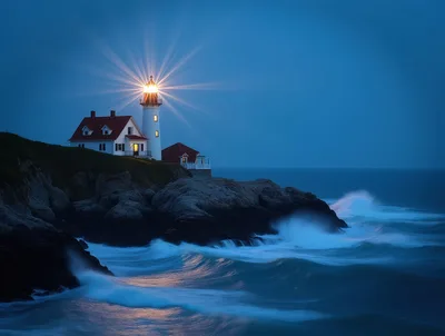 Illuminated Lighthouse On Rocky Coastline At Twilight